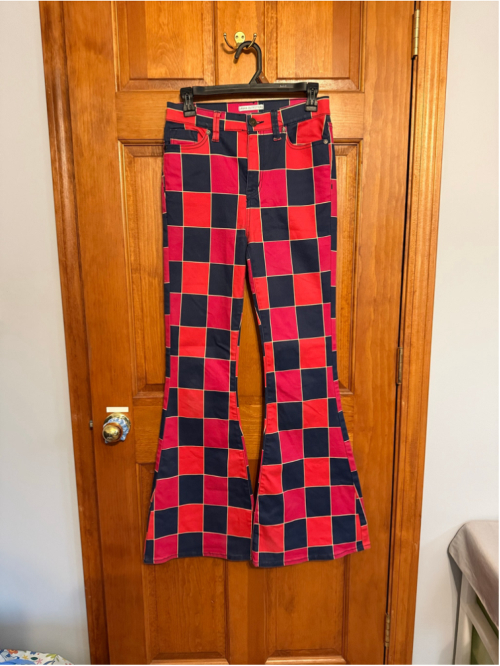 Women's Urban Outfitters Flare Pants Size 26 Red Navy Blue Checkered